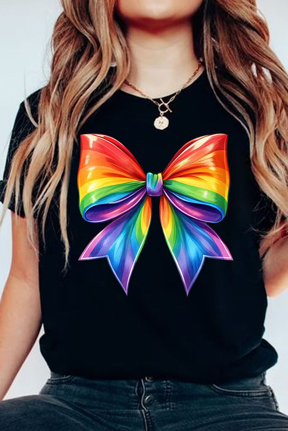 Black Rainbow Bow Graphic Round Neck T Shirt