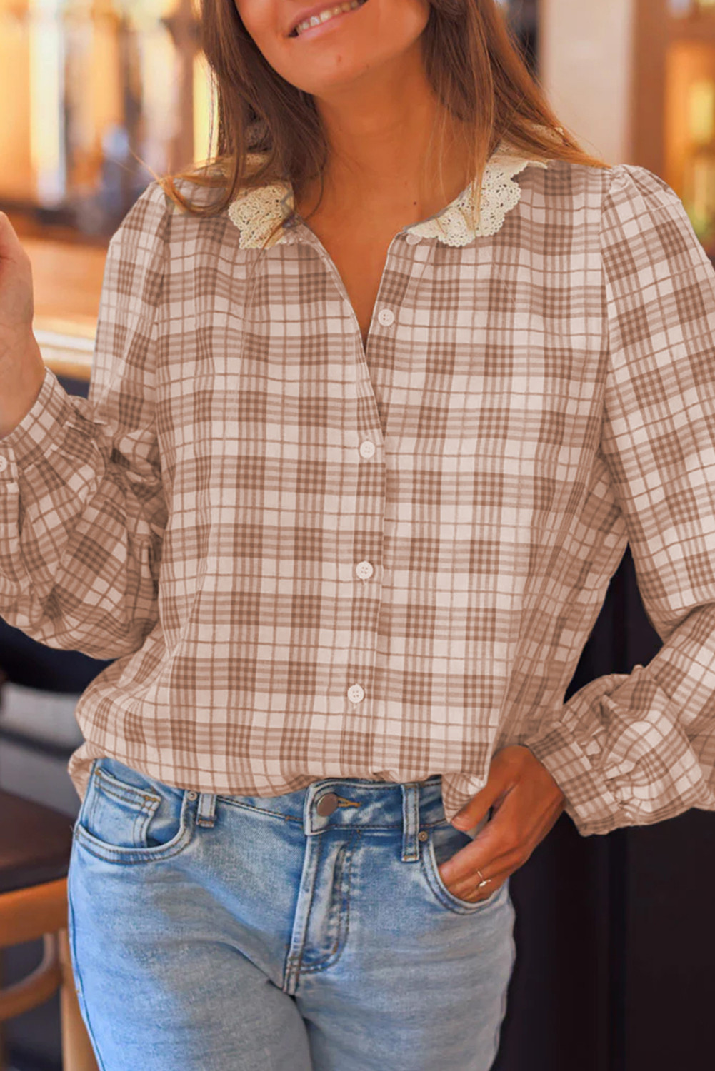 Brown Lace Collar Gingham Button-up Long Sleeve Shirt