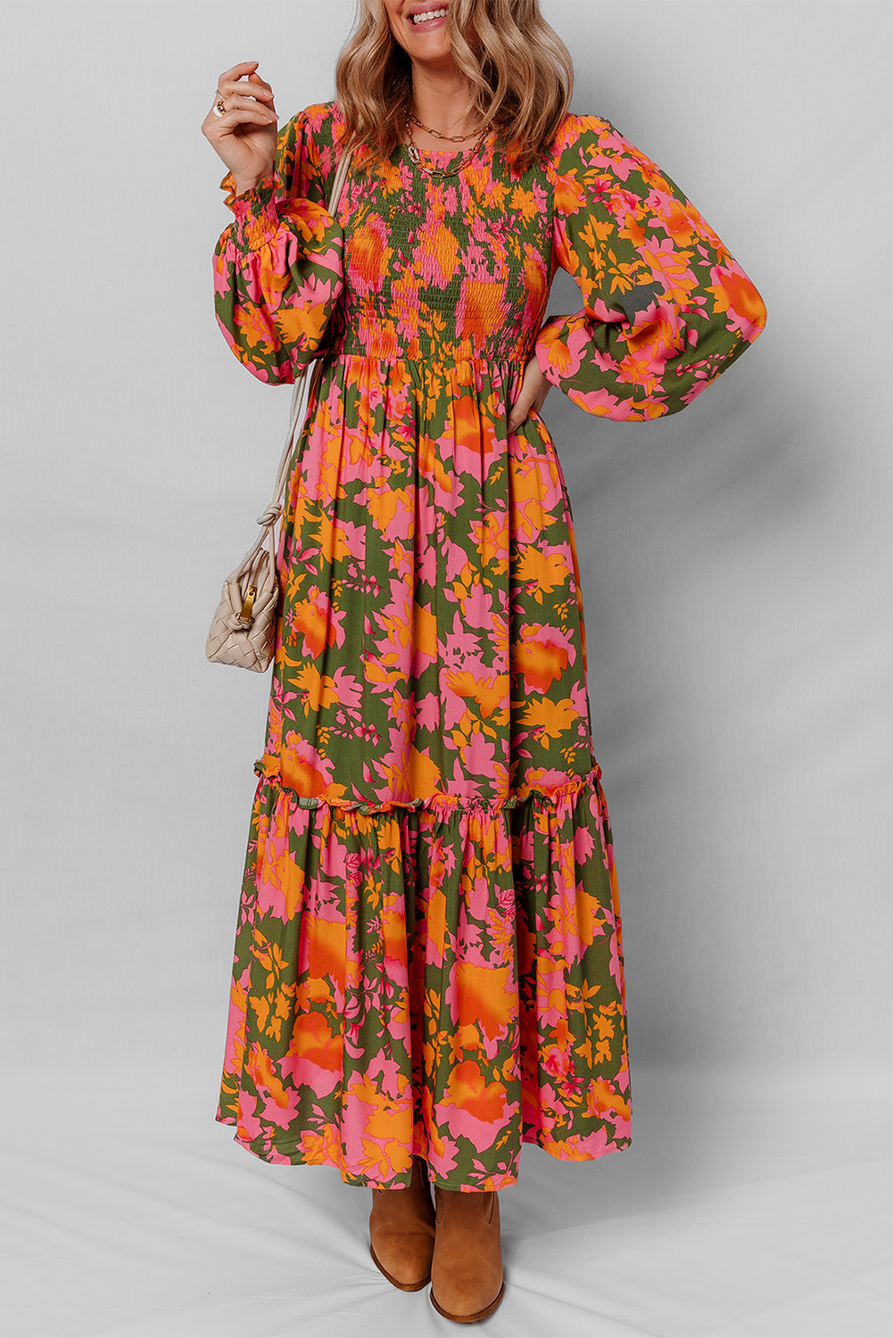 Orange Floral Puff Sleeve Smocked Bodice Frill Tiered Dress