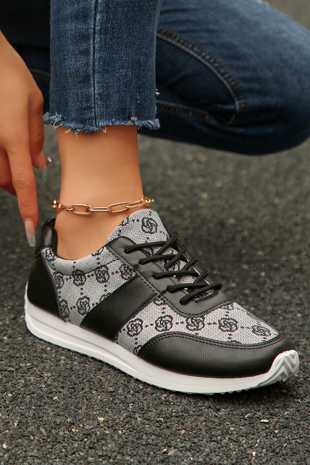 Black Patchwork Lace Up Sneakers