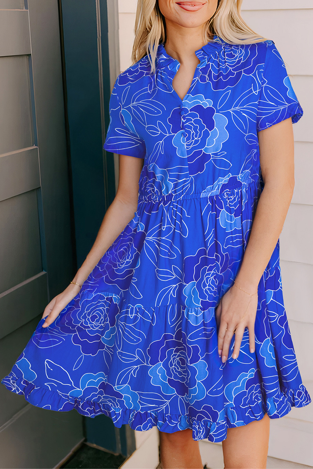 Blue Floral Print Ruffle Hem V Neck Flowy Mini Dress