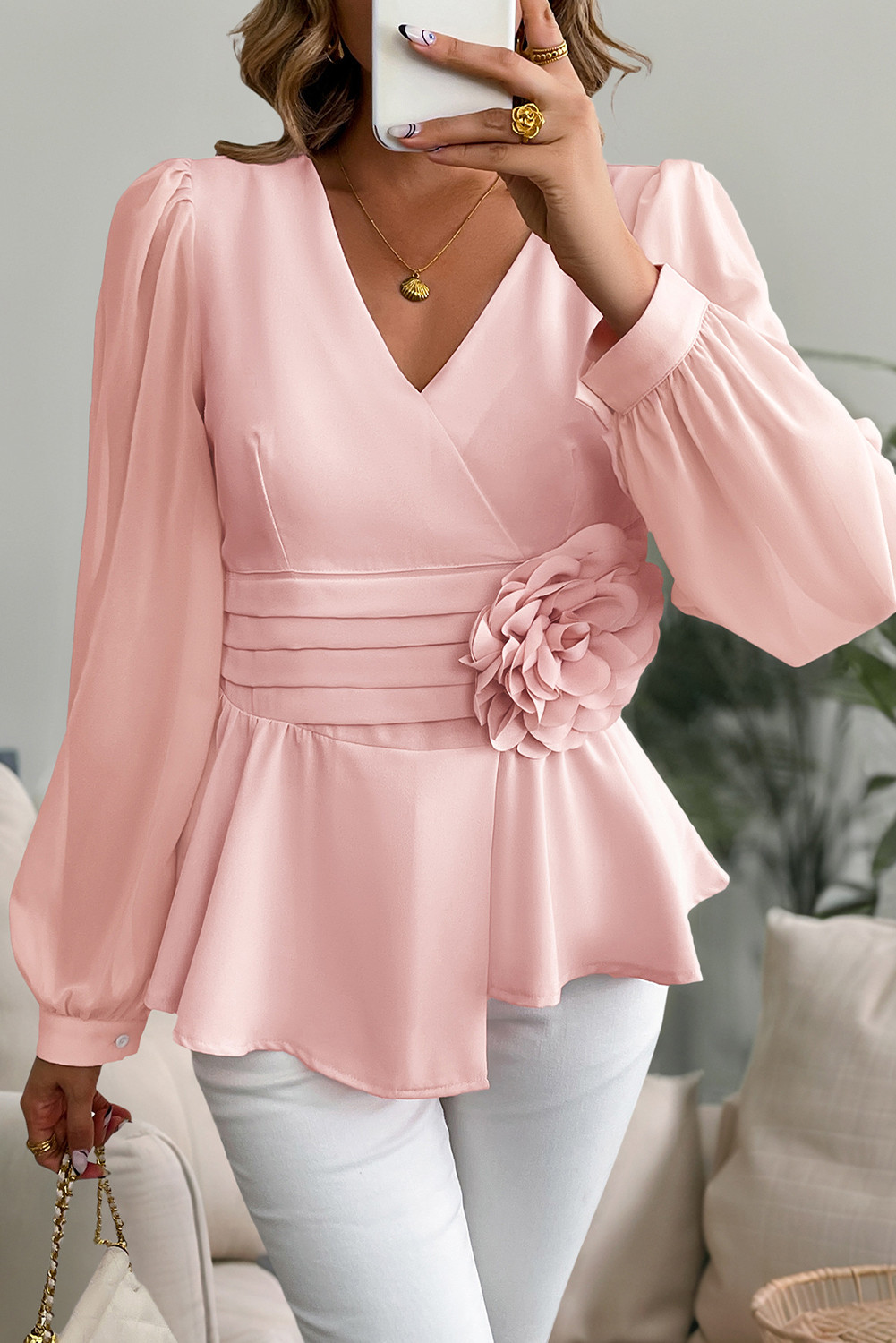 Gossamer Pink 3D Flower Lantern Sleeve Elegant Blouse