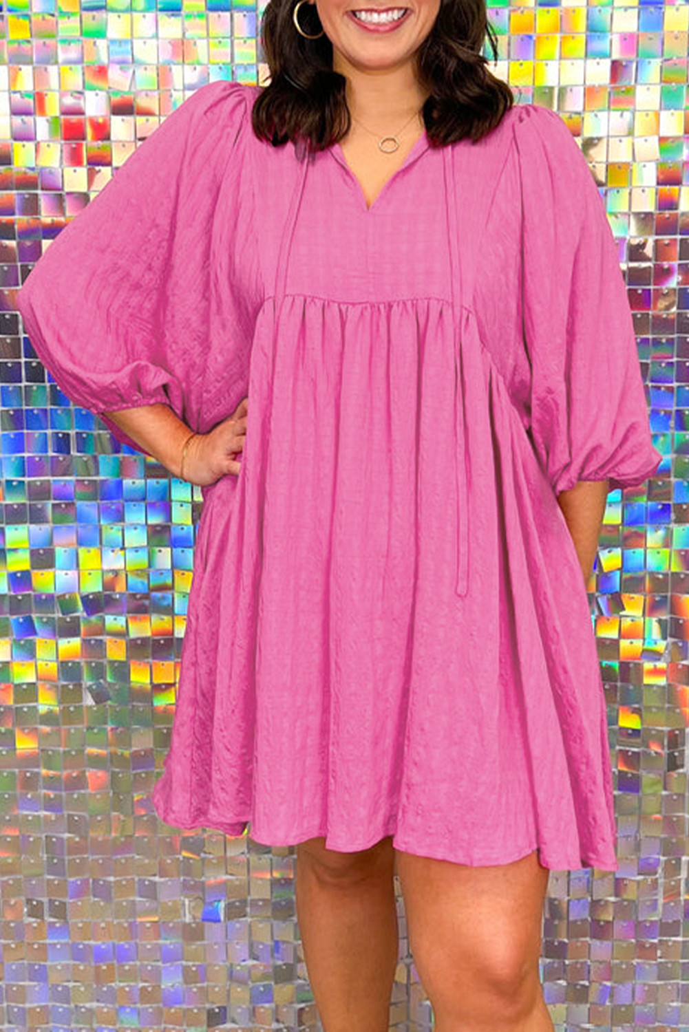 Sachet Pink Plus Size Textured Tie Split Neck Puff Sleeve Flowy Mini Dress
