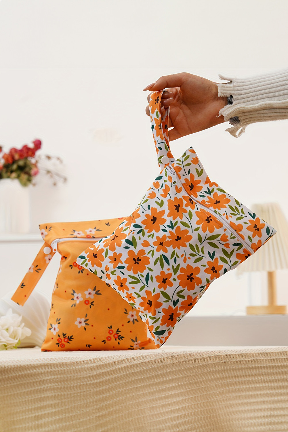 Russet Orange Floral Print Zip Canvas Bag