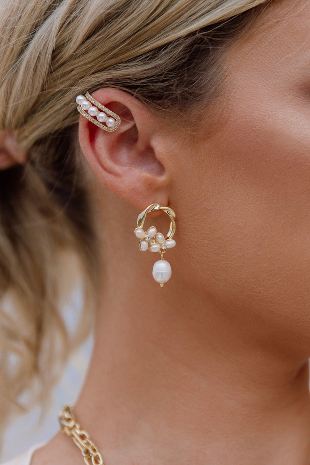 Gold Plated Hoop Pearl Elegant Stud Earring