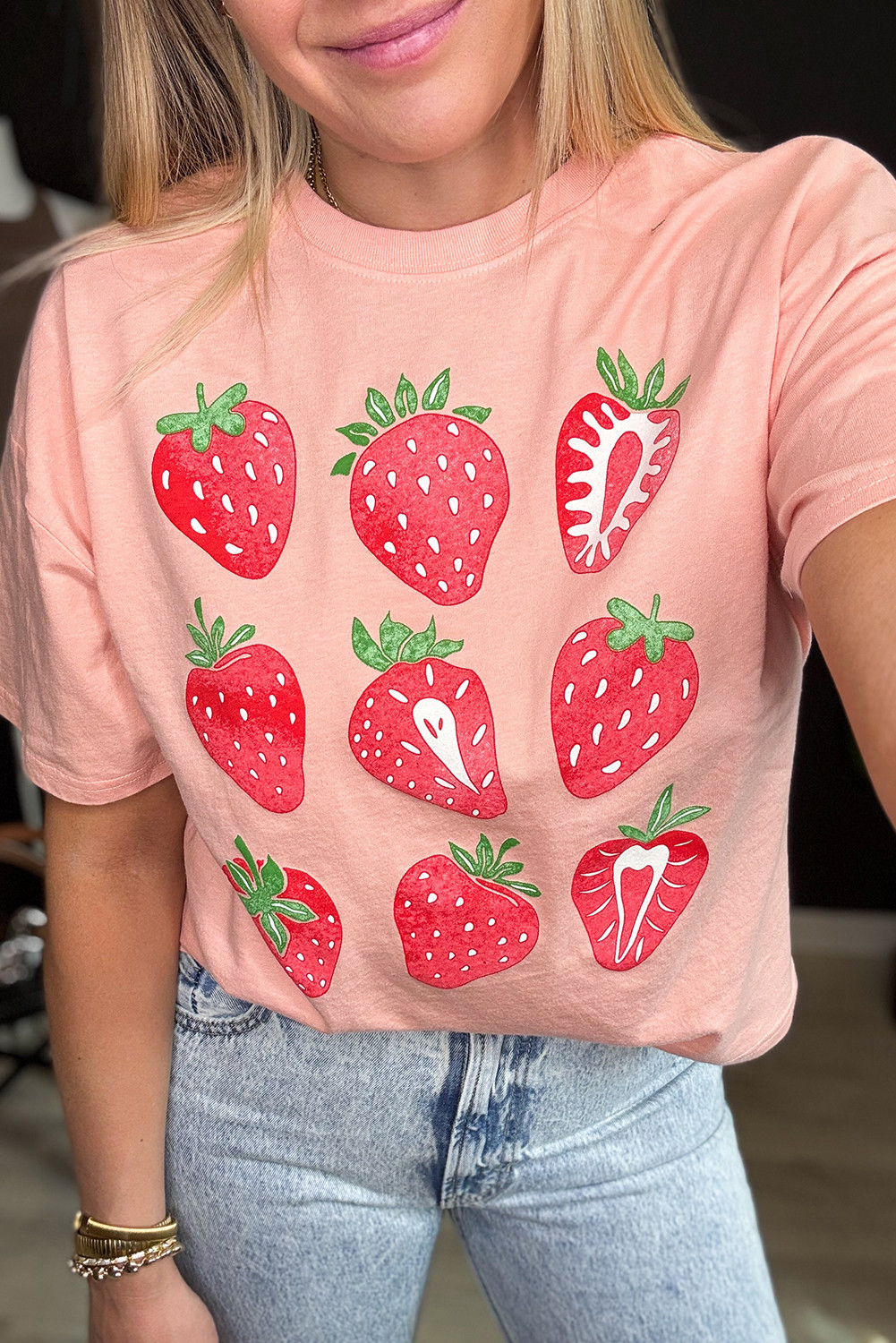 Pink Strawberry Fruit Pattern Graphic Tee
