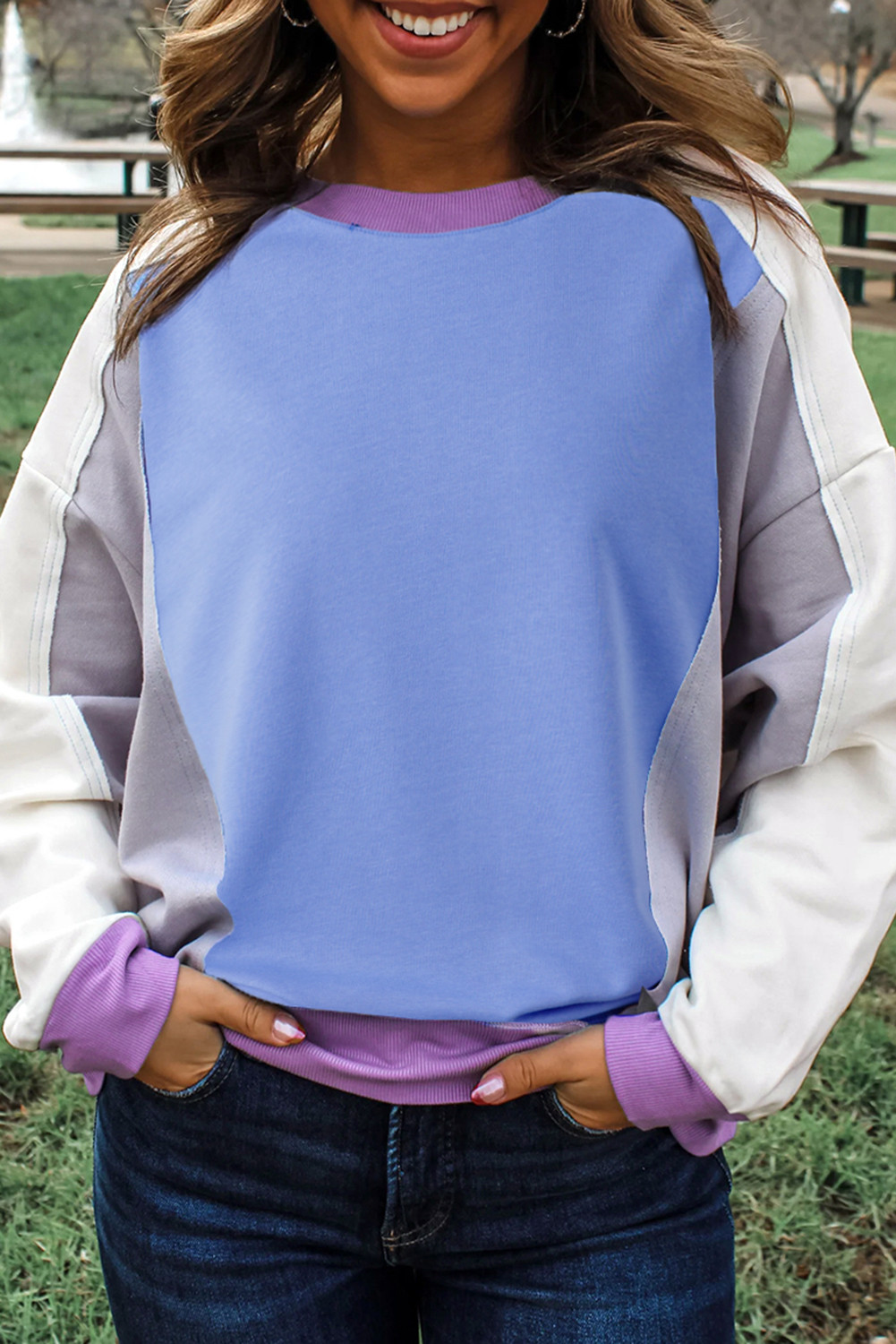 Blue Colorblock Patchwork Round Neck Pullover Sweatshirt