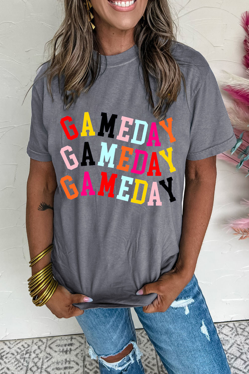 Gray GAMEDAY Letter Crewneck T Shirt