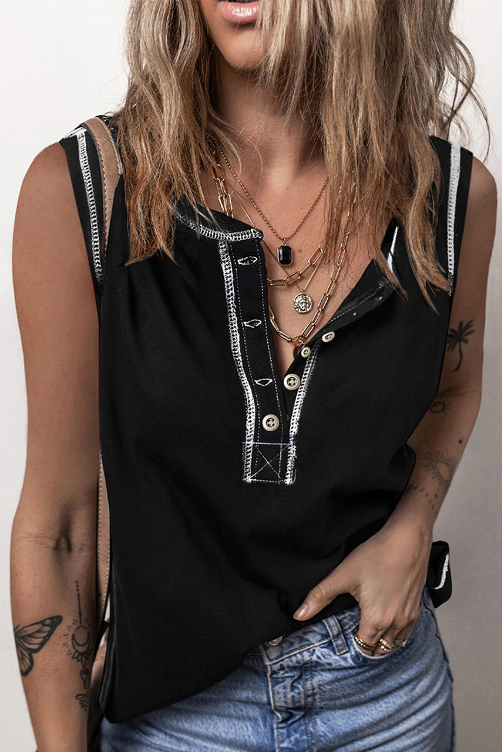 Black Stitching Seam Henley Tank Top
