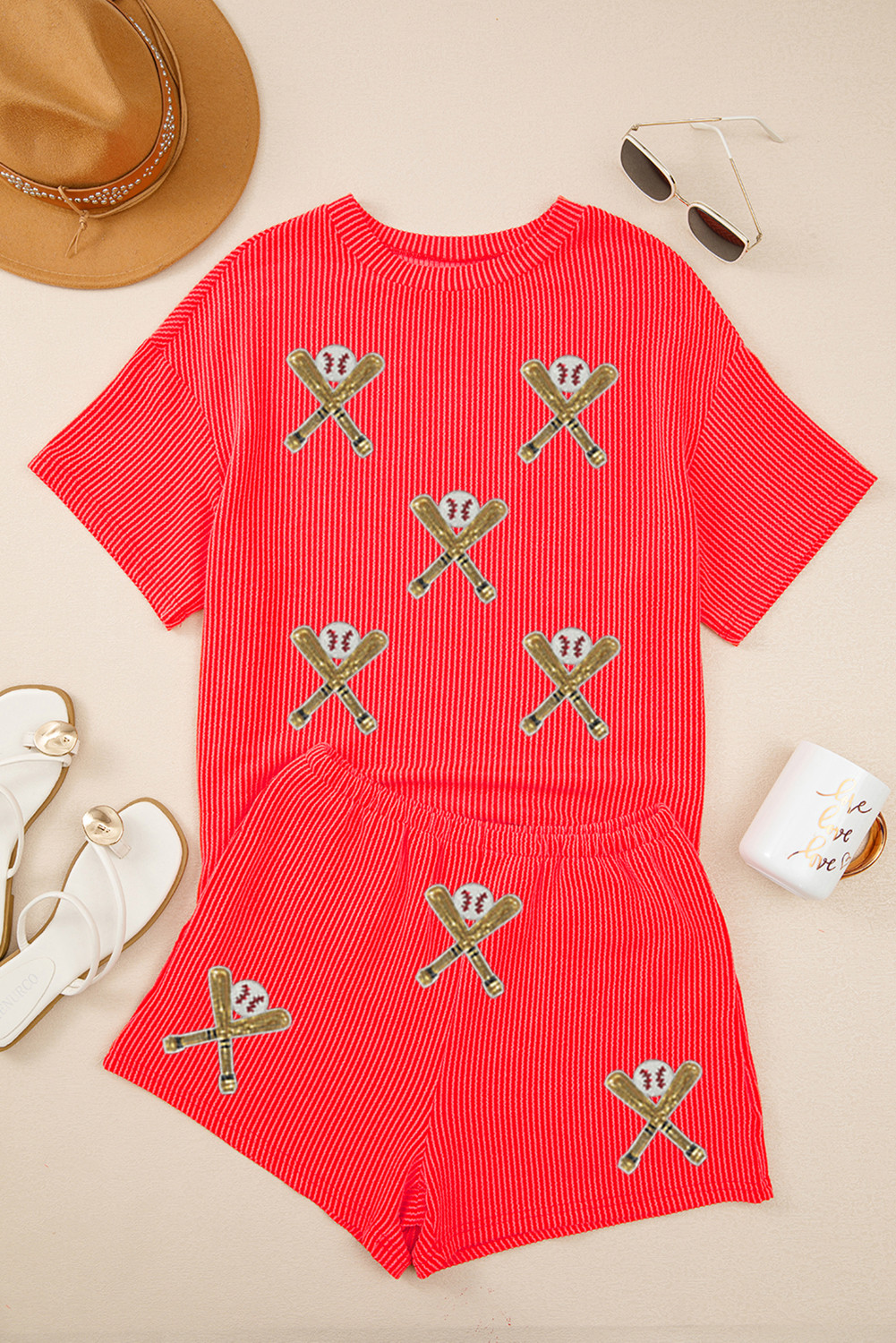 Orange Twisted Ribbed Sequin Baseball Bat Patched Tee and Shorts Set