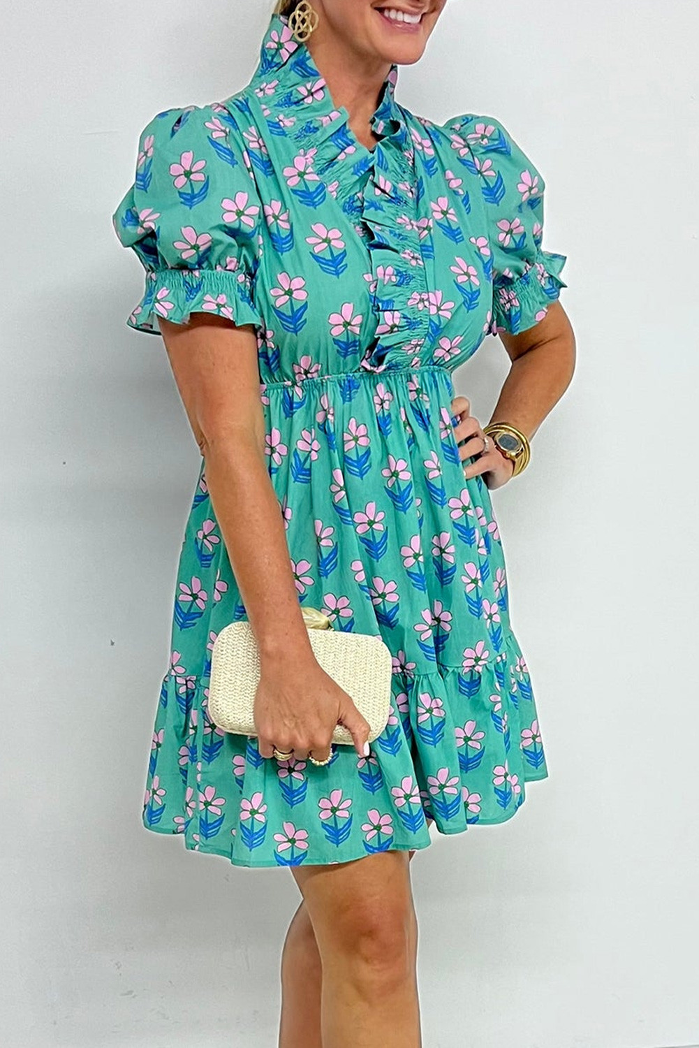 Green Floral Print Frilly Smocked High Waist Mini Dress