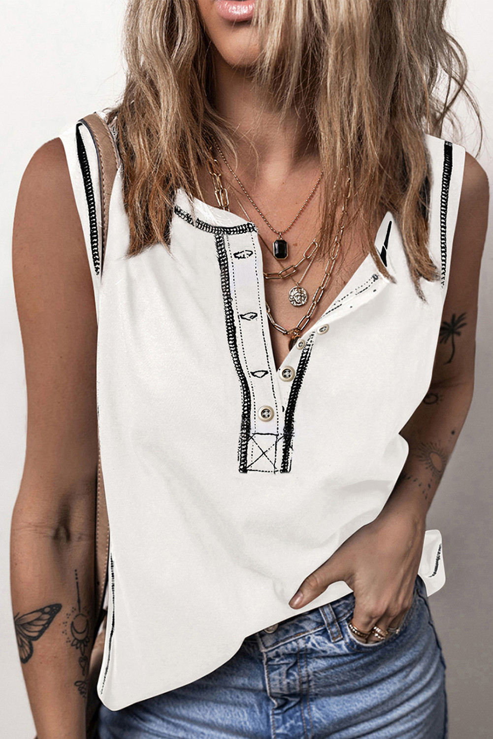White Stitching Seam Henley Tank Top