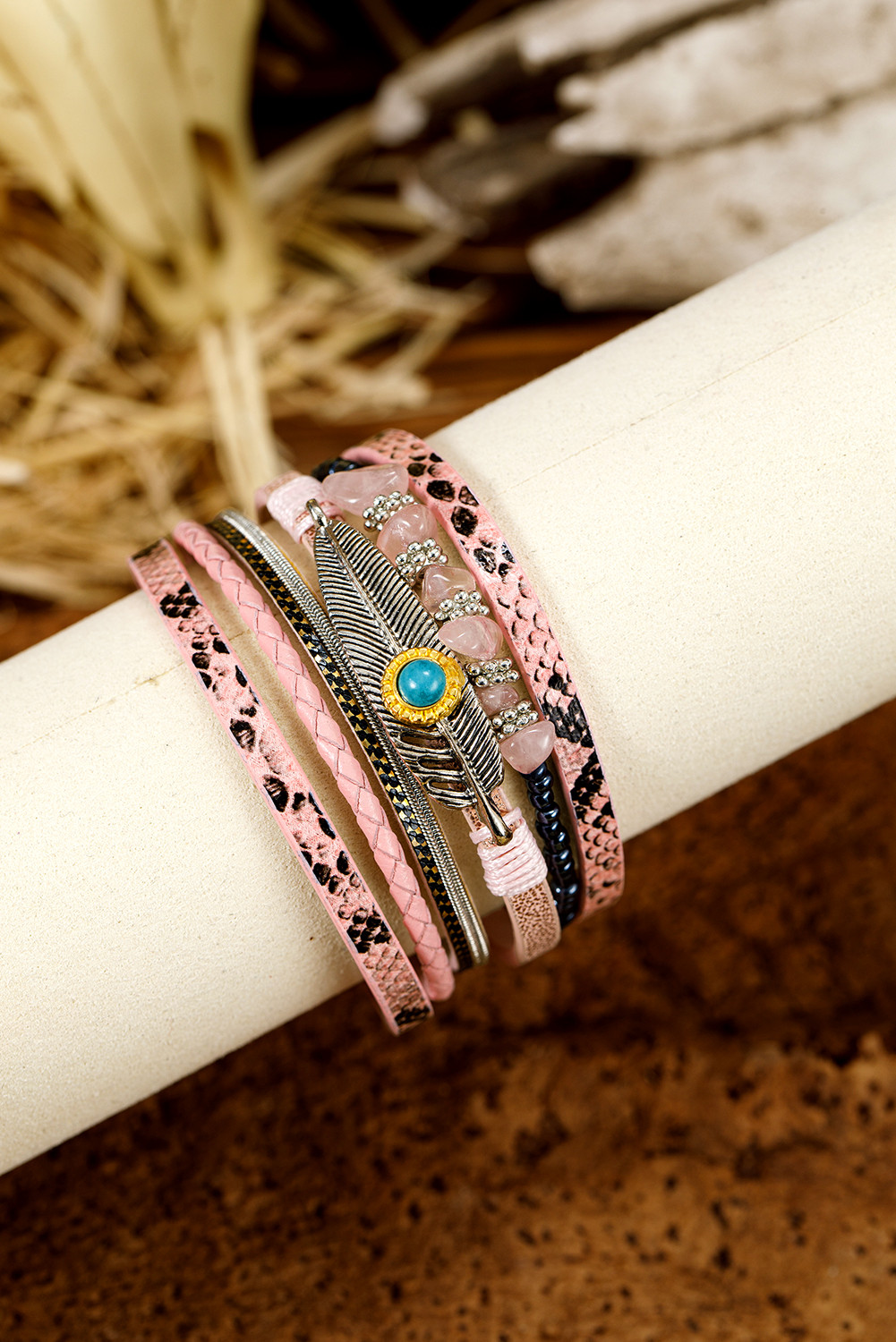 Pink Snake Print Turquoise Detail Boho Bracelet Set