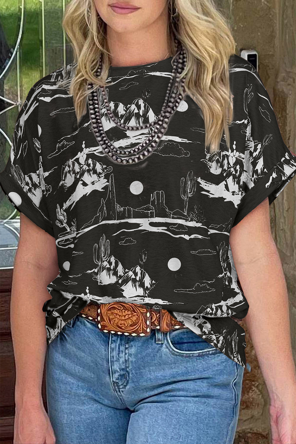 Black Summer Desert Sand Print Short Sleeve Tee