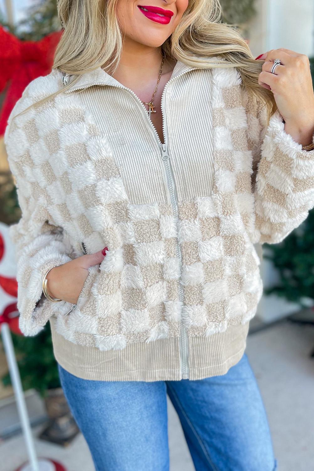 Khaki Checkered Sherpa Corduroy Patchwork Zip-up Collared Sweatshirt