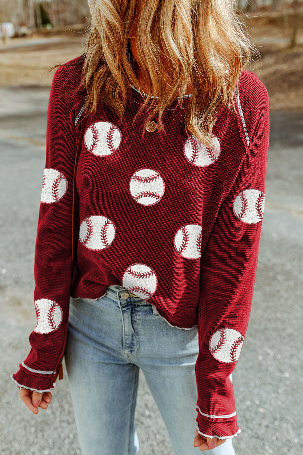 Red Baseball Patched Patterned Game Day Waffle Pullover Sweatshirt