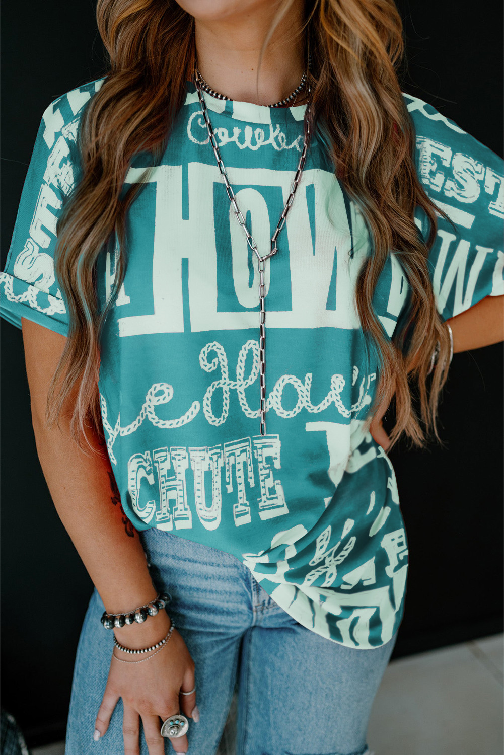 Turquoise Vintage Letter Print Graphic Loose Tee