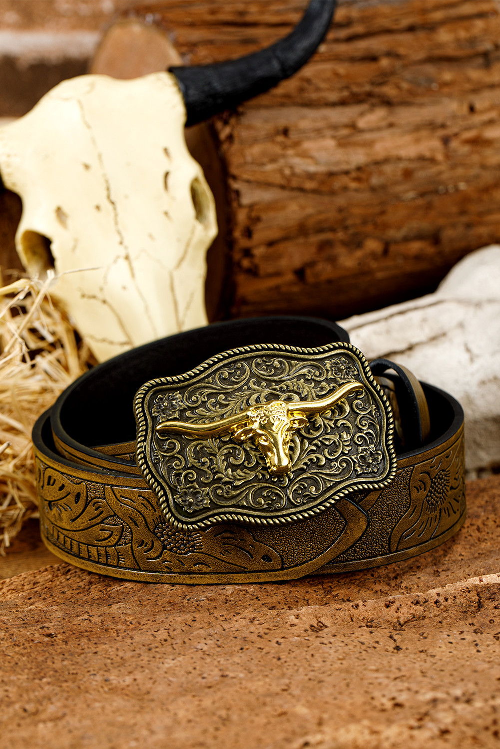 Chestnut Retro Embossed Faux Leather Buckle Belt