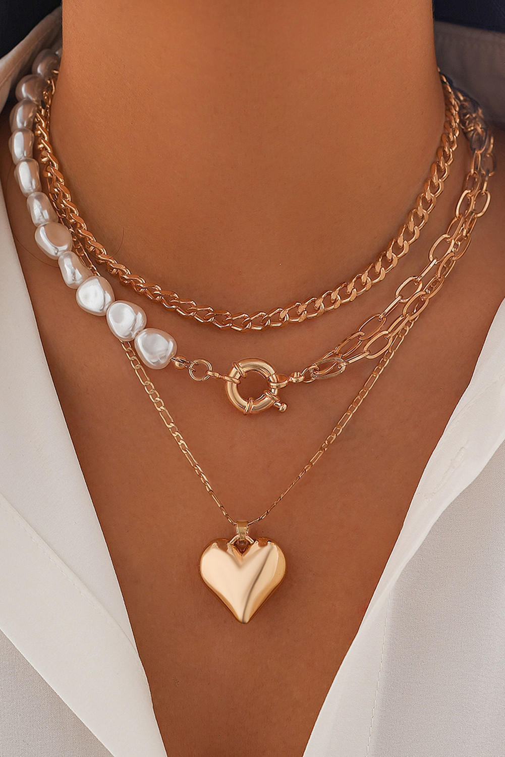 Gold 3pcs Layered Pearl Chain Bow Charm Necklace Set