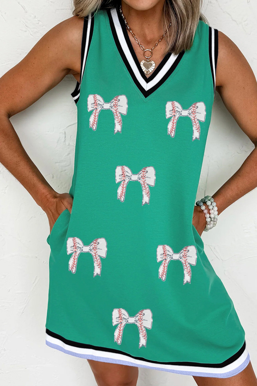 Mint Green Bow Graphic Contrast Trim Game Day Sleeveless Dress