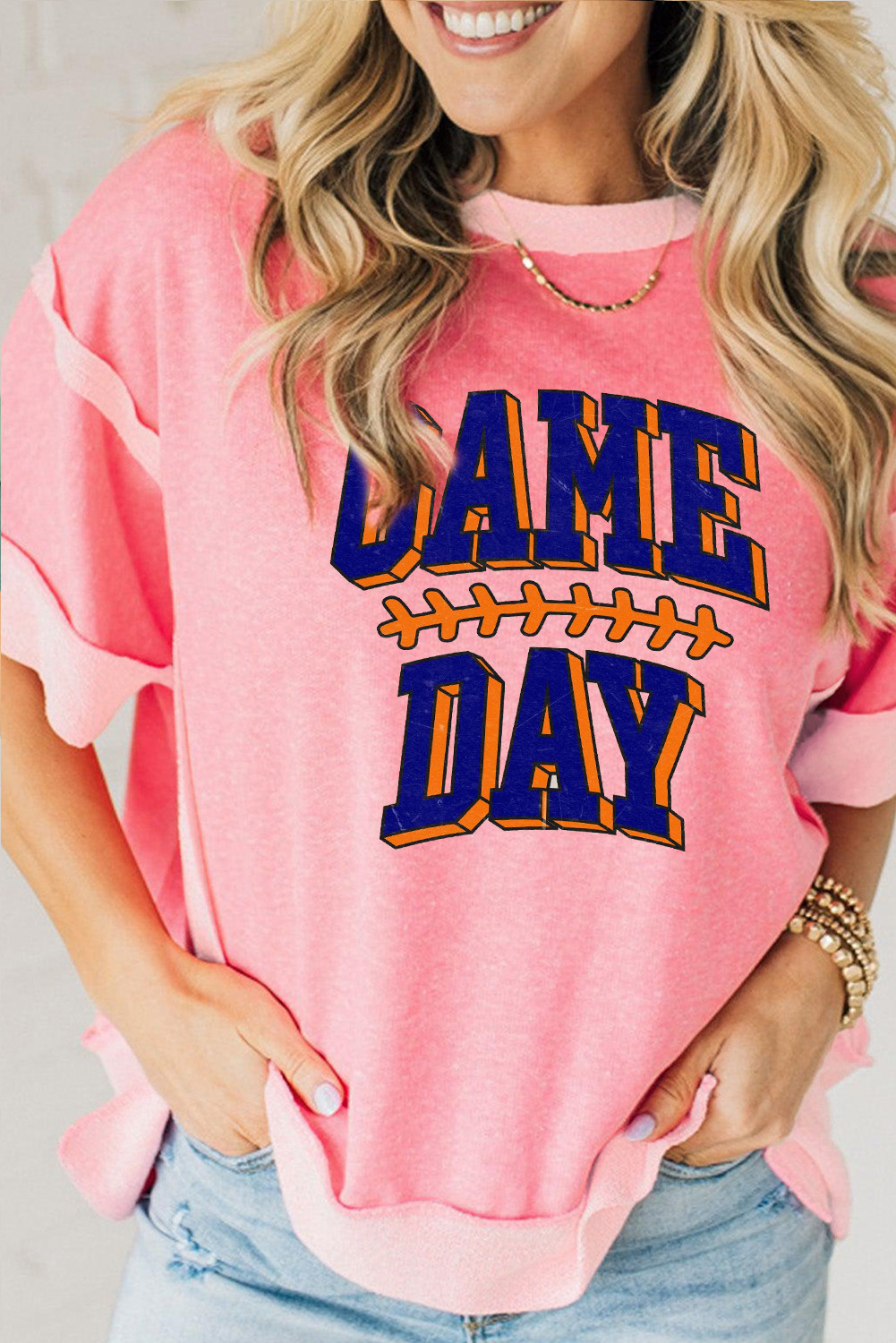 Peach Blossom GAME DAY Printed Raw Hem T Shirt