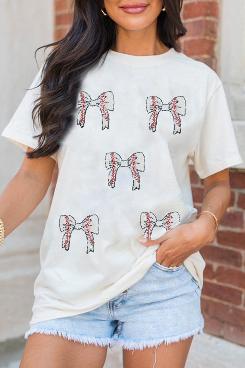 White Game Day Bow Graphic Crewneck T Shirt