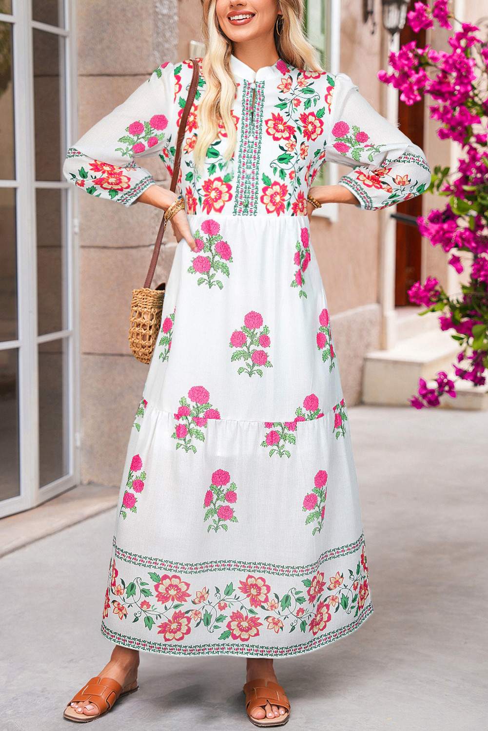 White Floral Print Loose Tiered Maxi Dress
