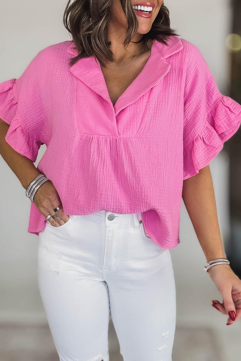 Sachet Pink Crinkle Ruffle Sleeve Collared V Neck Loose Blouse