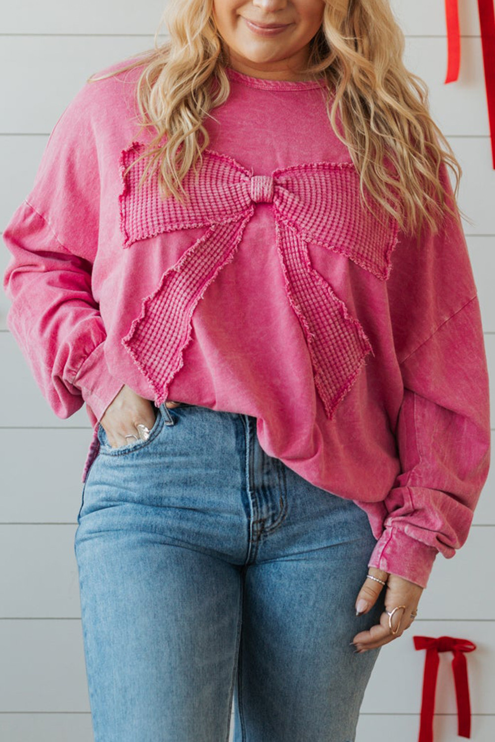 Bonbon Waffle Bowknot Patchwork Mineral Wash Plus Size Top
