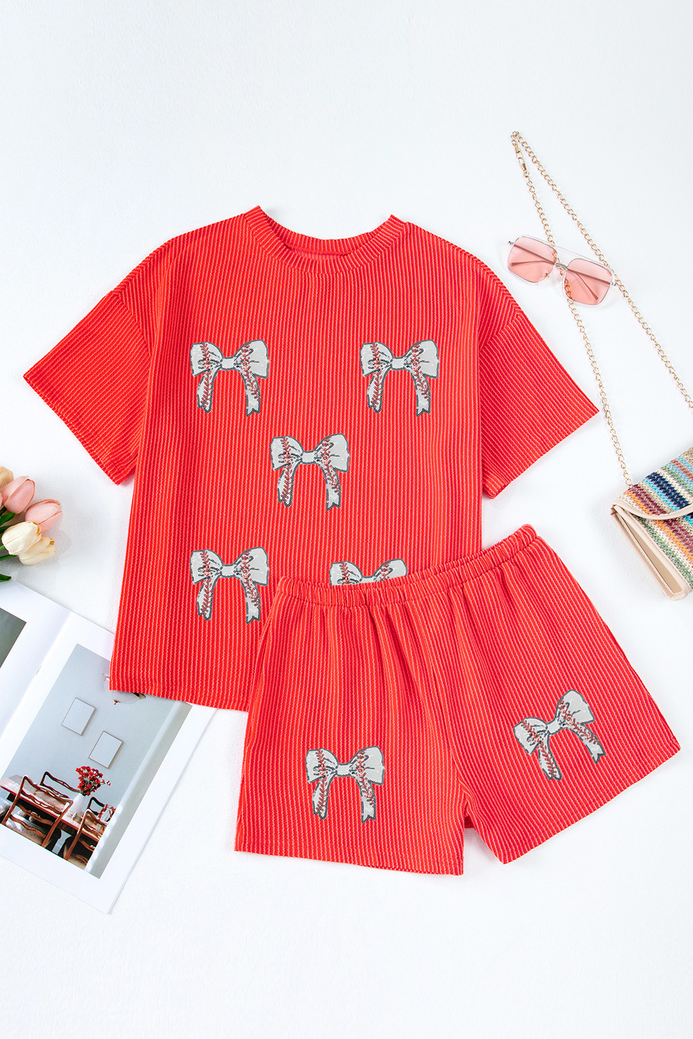 Orange Game Day Twisted Rib Glitter Bow Patched Short 2pcs Outfit