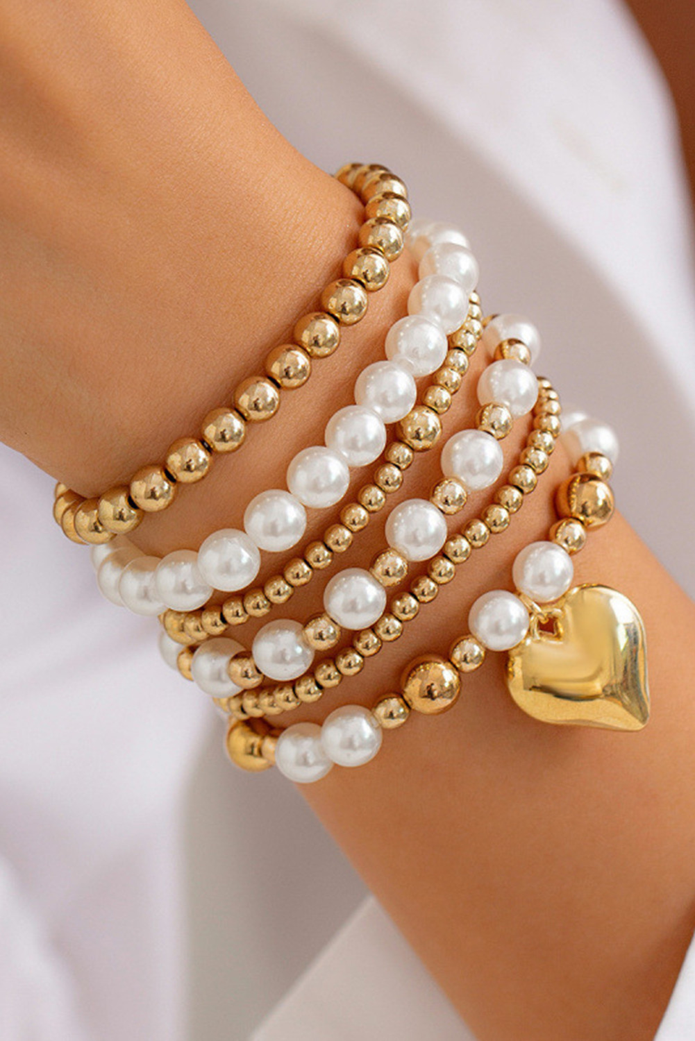 Gold Heart Pendant Pearl Beaded Bracelet Set