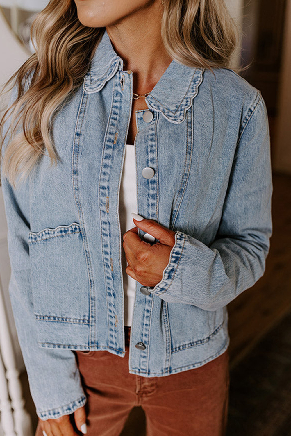 Myosotis Scallop Trim Collar Pocket Button Up Denim Jacket