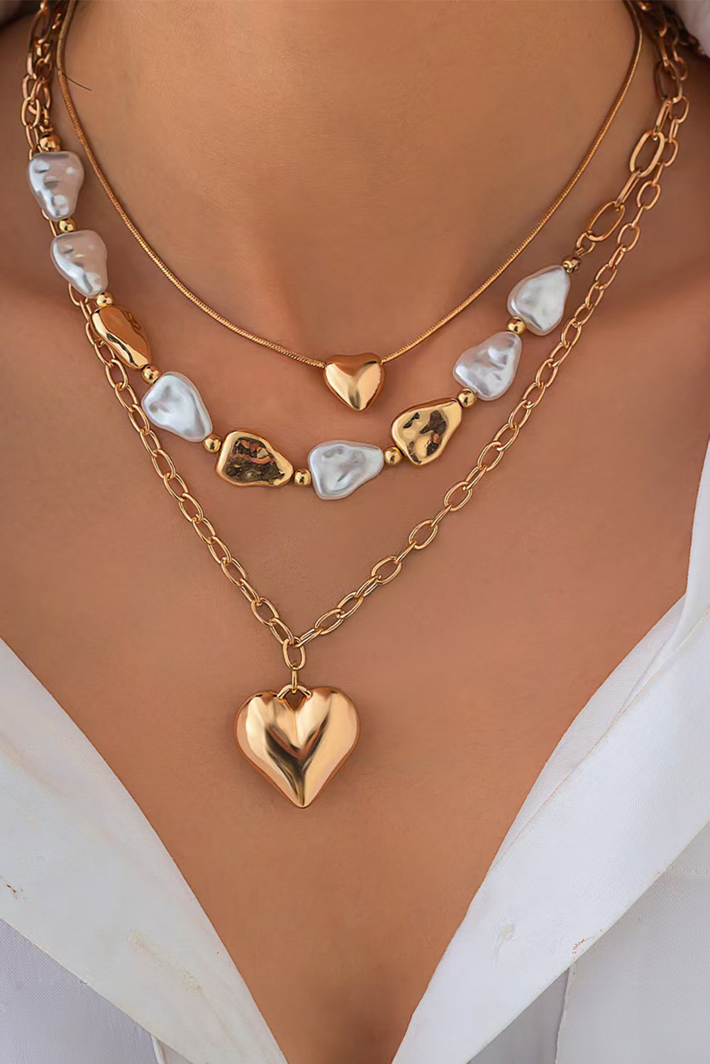 Gold Heart Pendant Pearl Chain Necklace Set