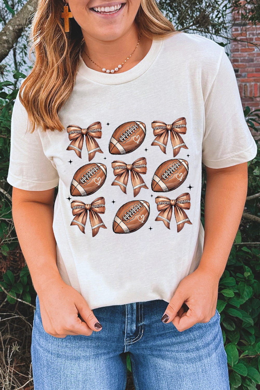 White Rugby Fashion Bow Print Graphic T Shirt
