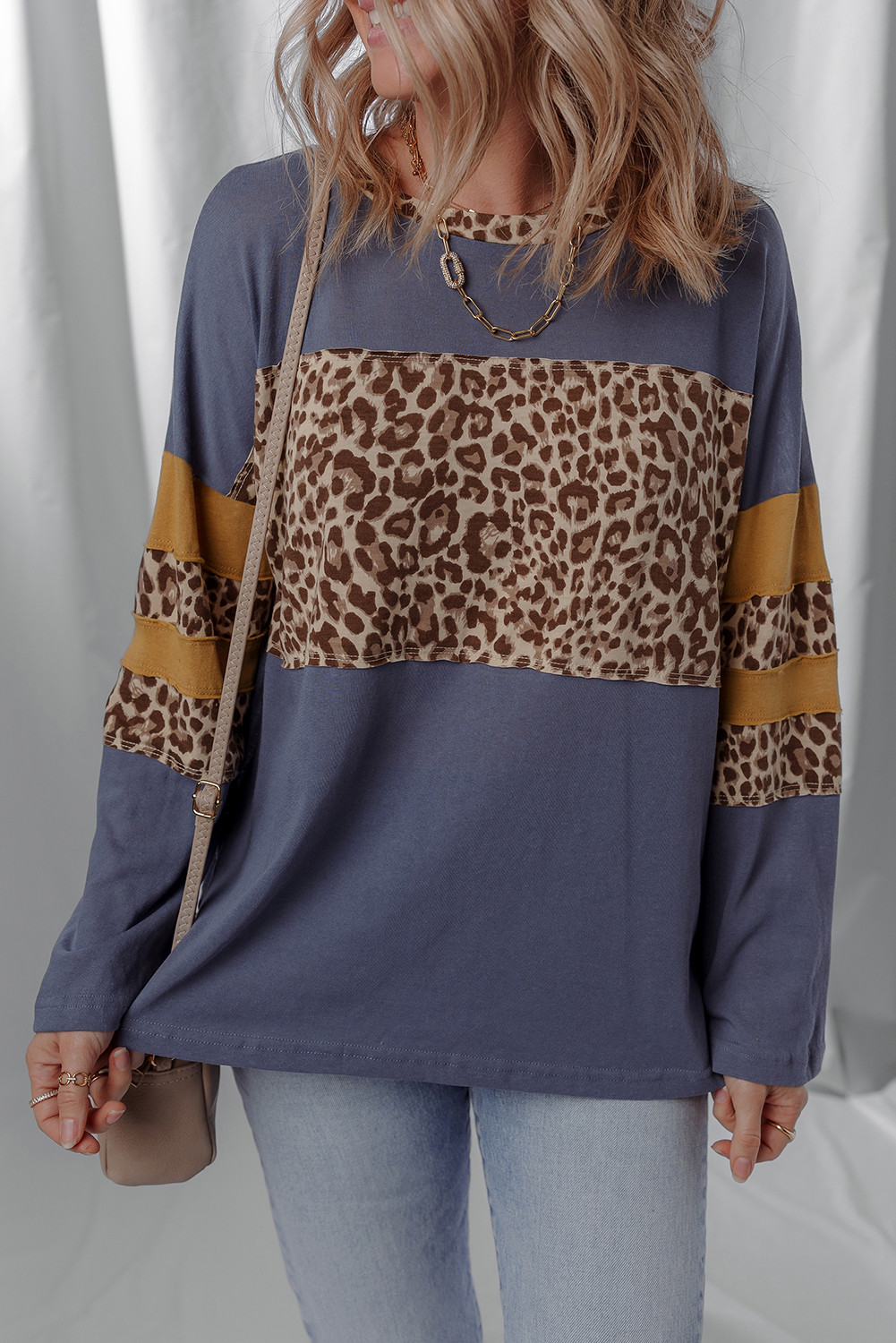 Dark Blue Leopard Colorblock Patchwork Drop Shoulder Top