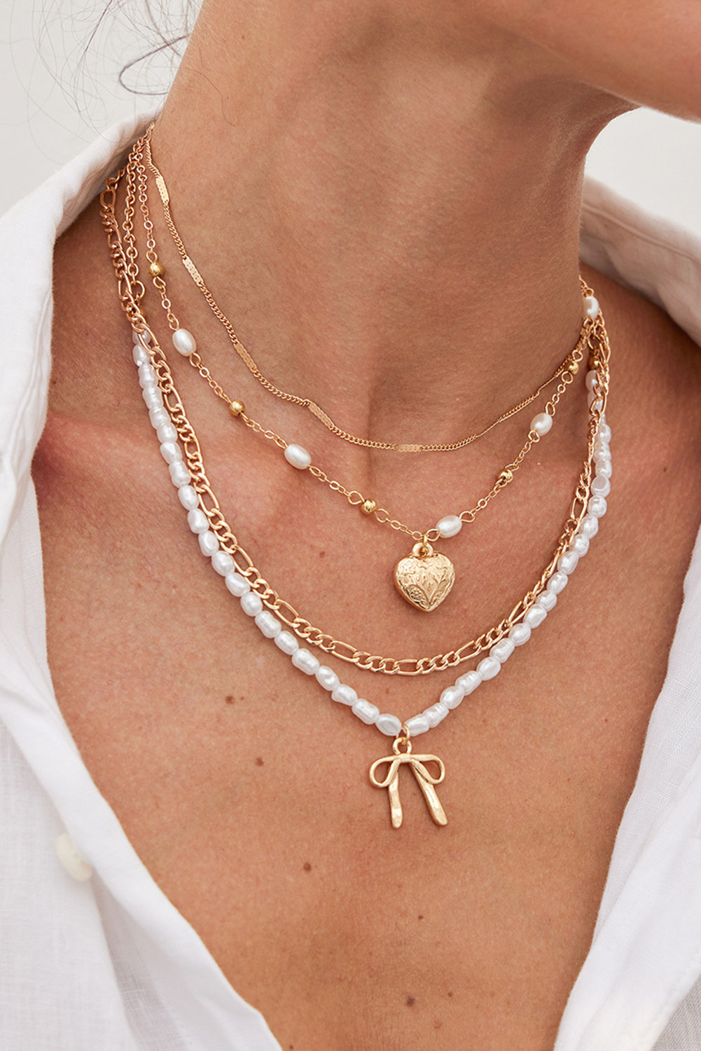 Gold Bow and Heart Pendant Pearl Chain Necklace Set