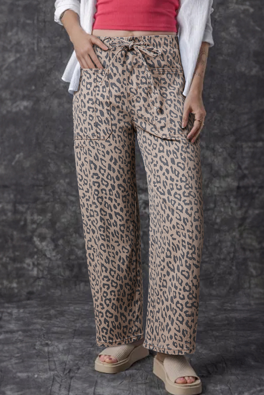 Khaki Leopard Print Drawstring Waist Pocketed Wide Leg Jeans