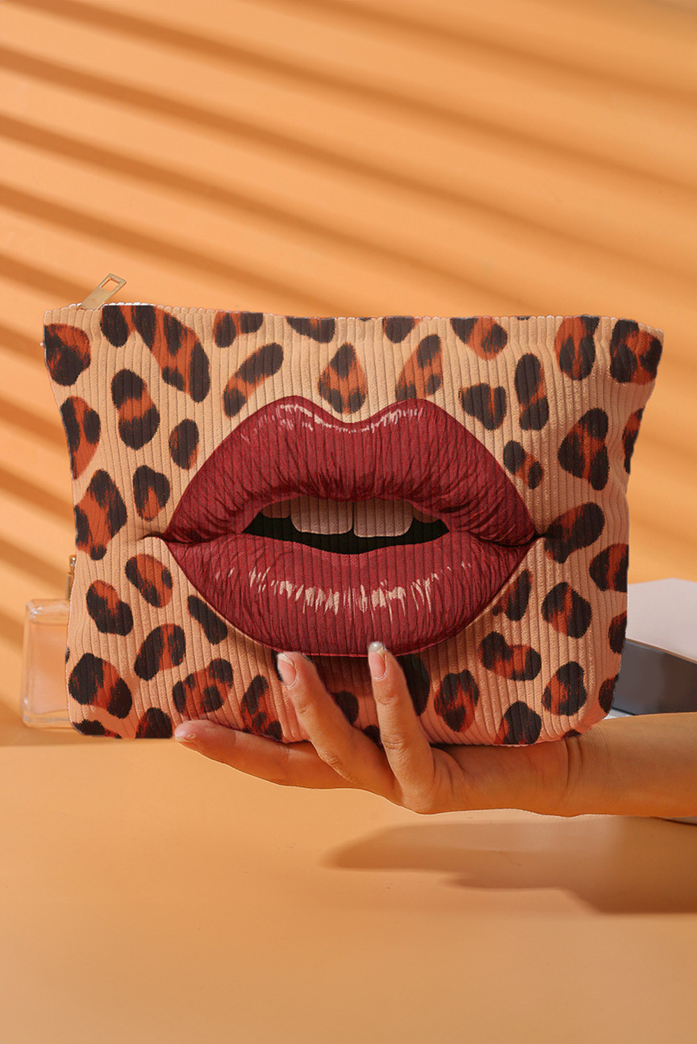 Brown Leopard Red Lips Makeup Bag