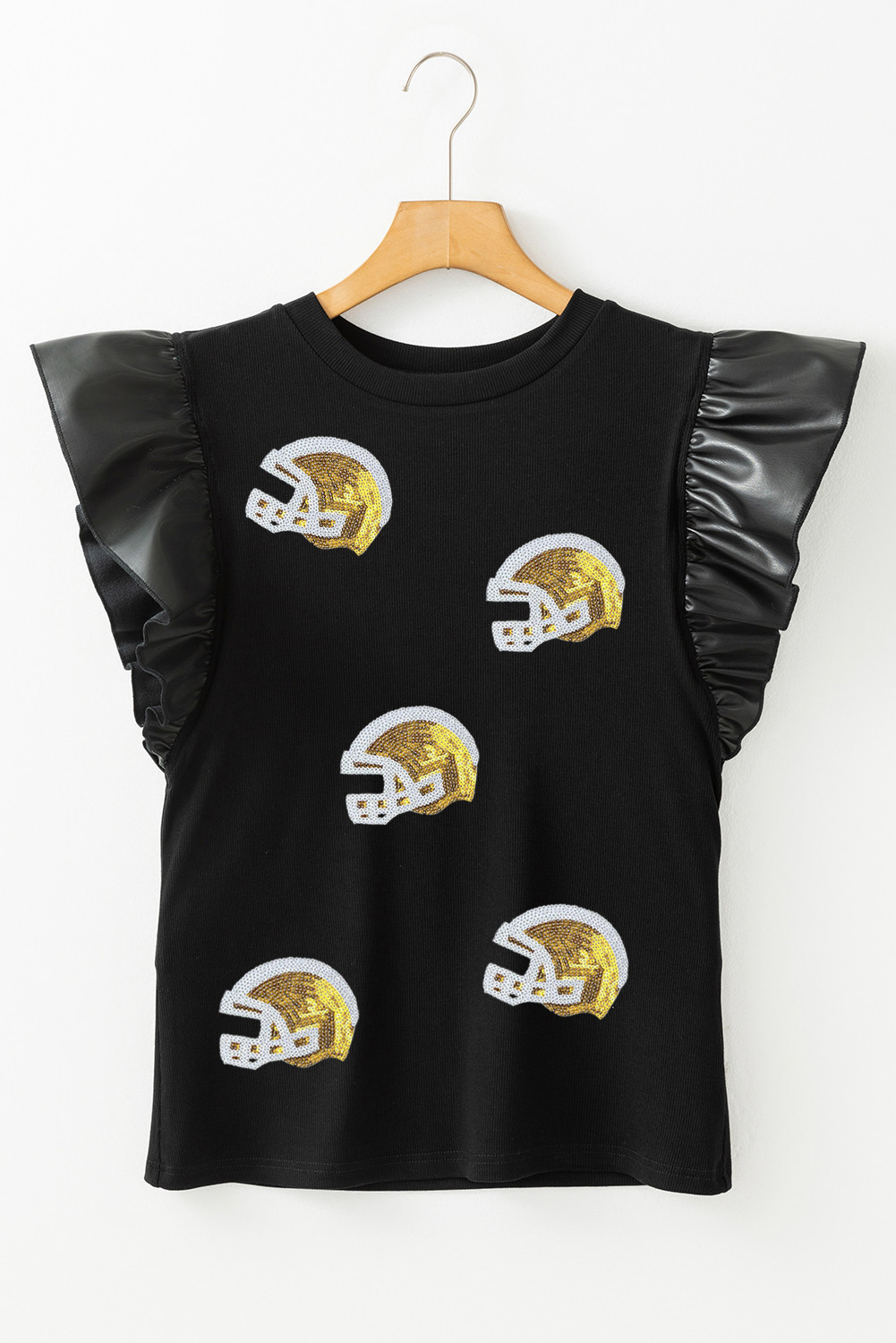 Black Sequin Helmet Graphic Leather Ruffle Sleeve Top