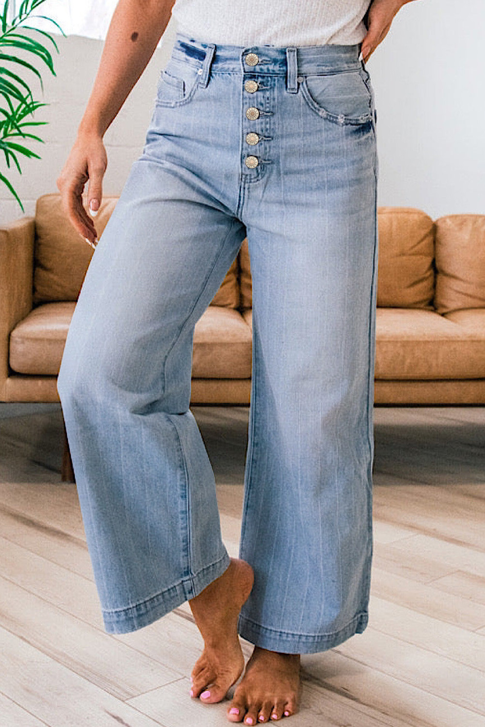 Beau Blue Multi Buttons Wide Leg Jeans
