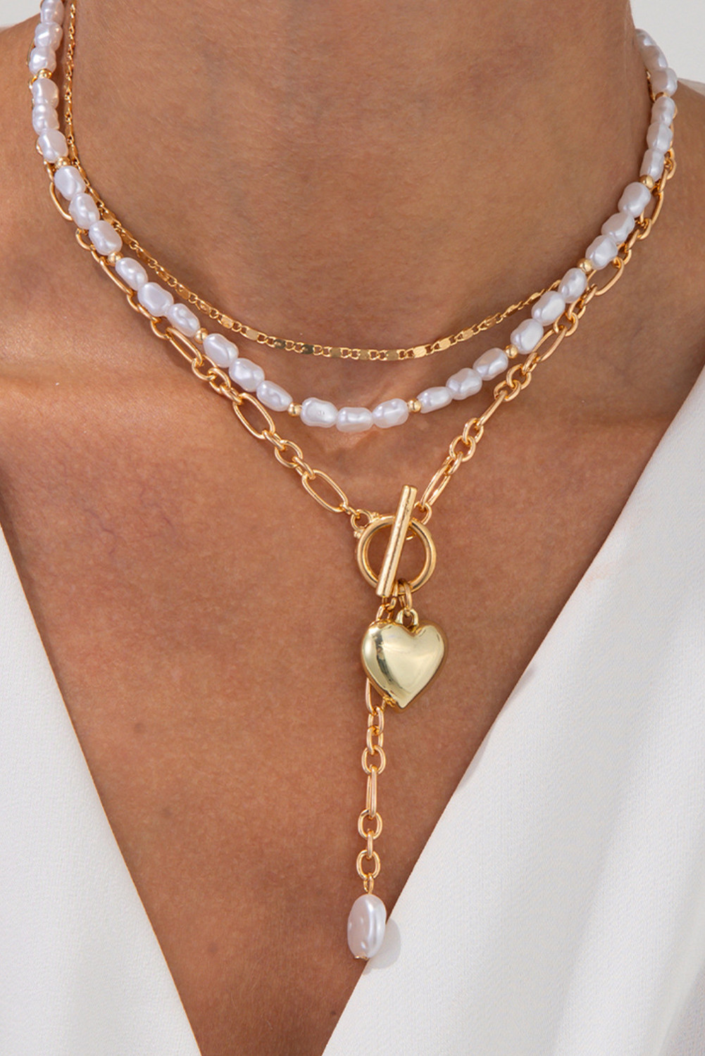Gold 3pcs Heart Pendant Pearl Necklace Set