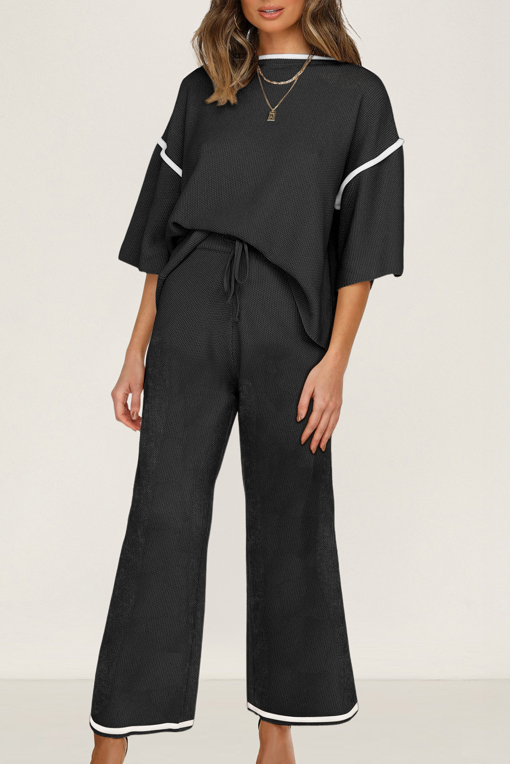 Black Loose Contrast Trim Half Sleeve Top and Drawstring Pants Set