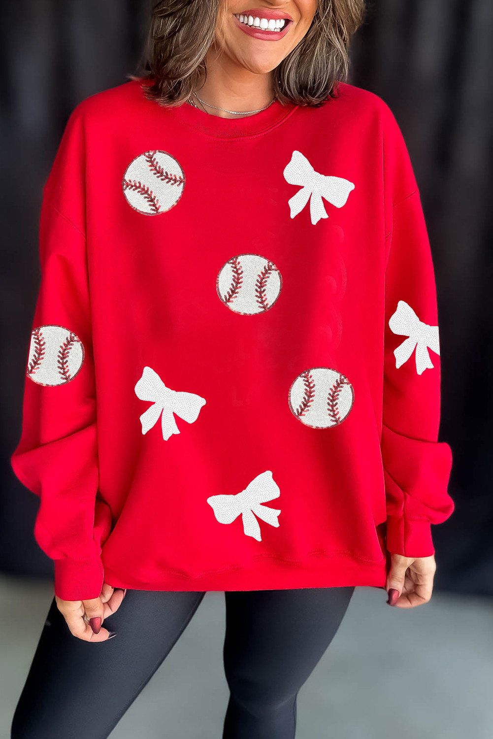 Red Sequin Bow and Baseball Graphic Game Day Fashion Sweatshirt