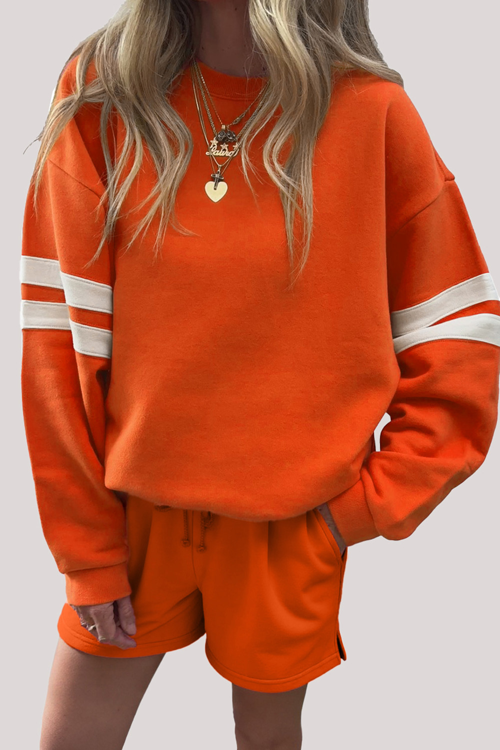 Orange Varsity Striped Sleeve Drop Shoulder Sweatshirt and Shorts Set