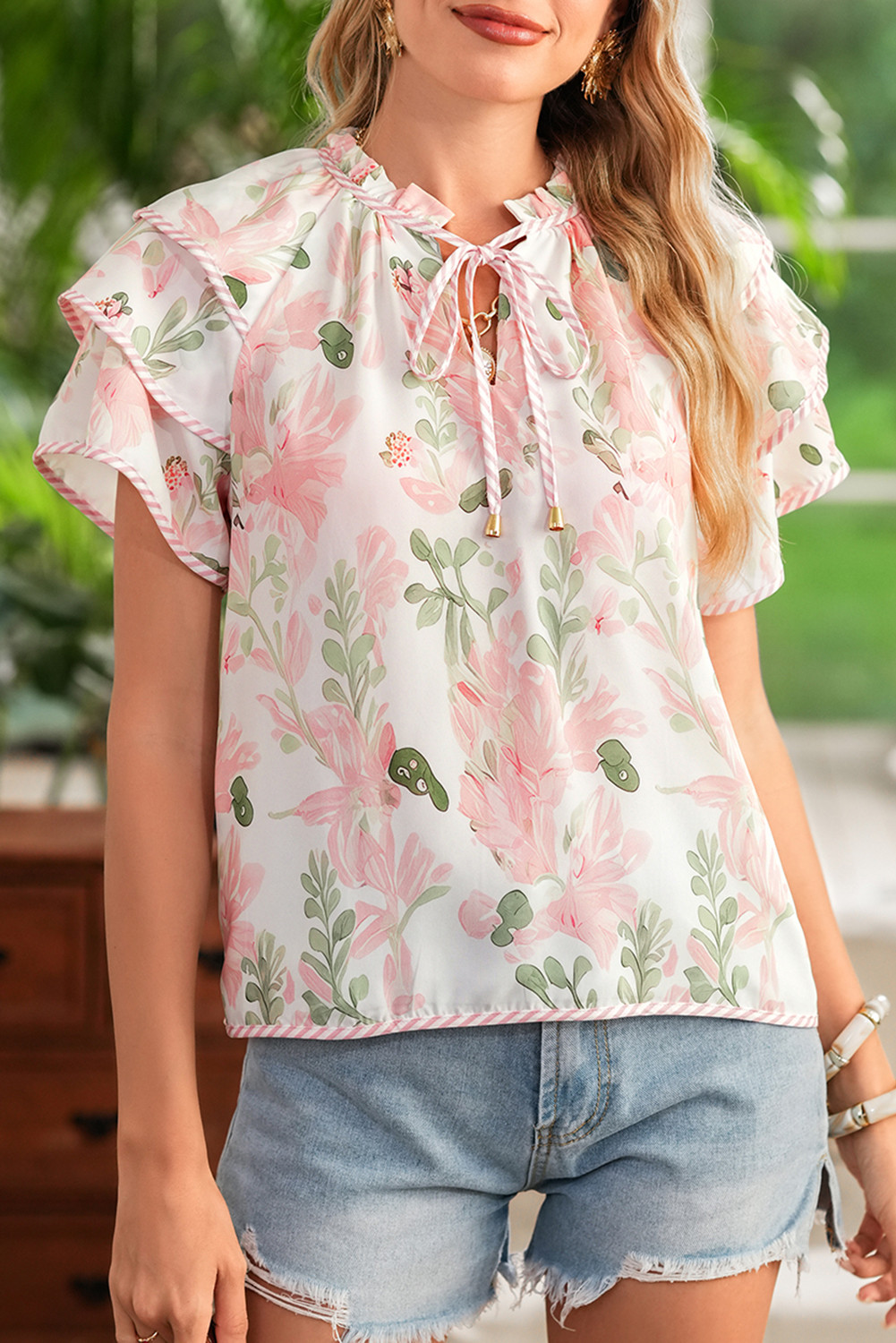 Pink Floral Print Striped Detail Tiered Ruffle Sleeve V Neck Blouse