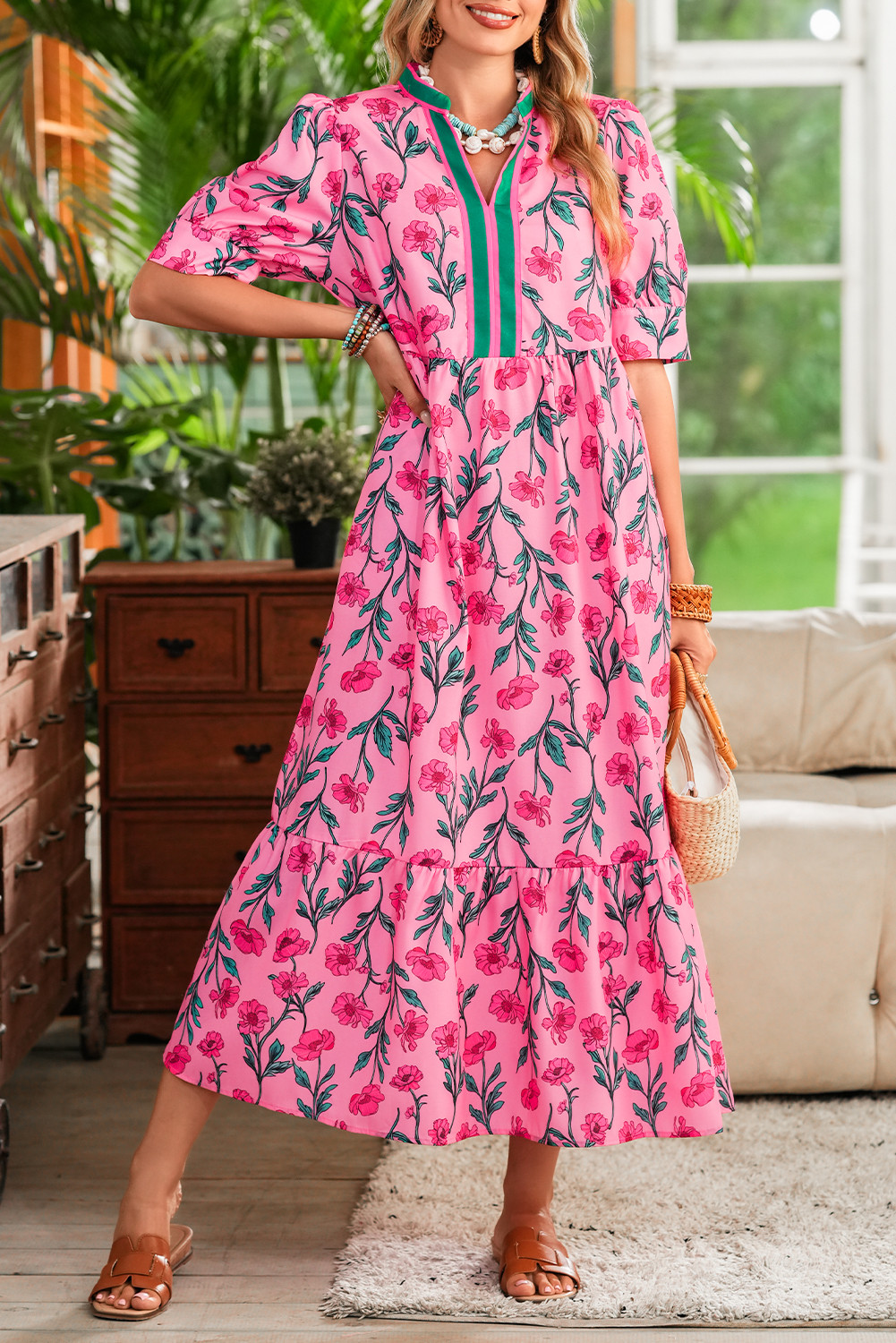 Pink Allover Floral Print V-Neck Tiered Maxi Dress
