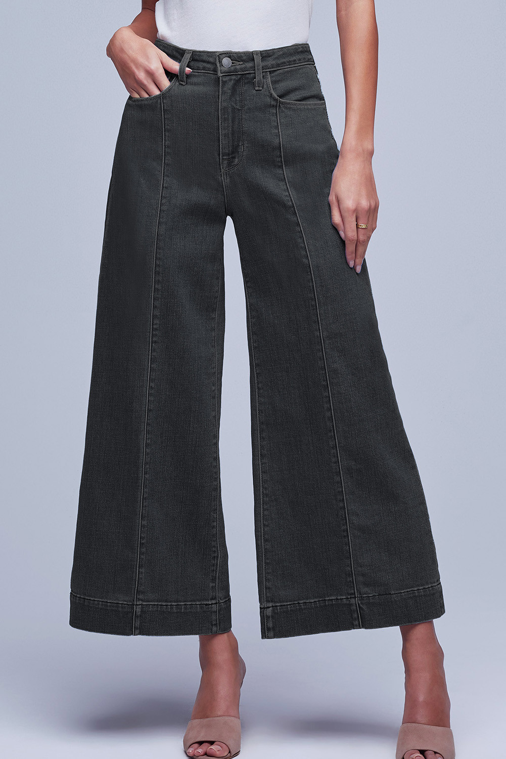 Black Plain Seam Detail Flared Bottom Ankle Length Jeans
