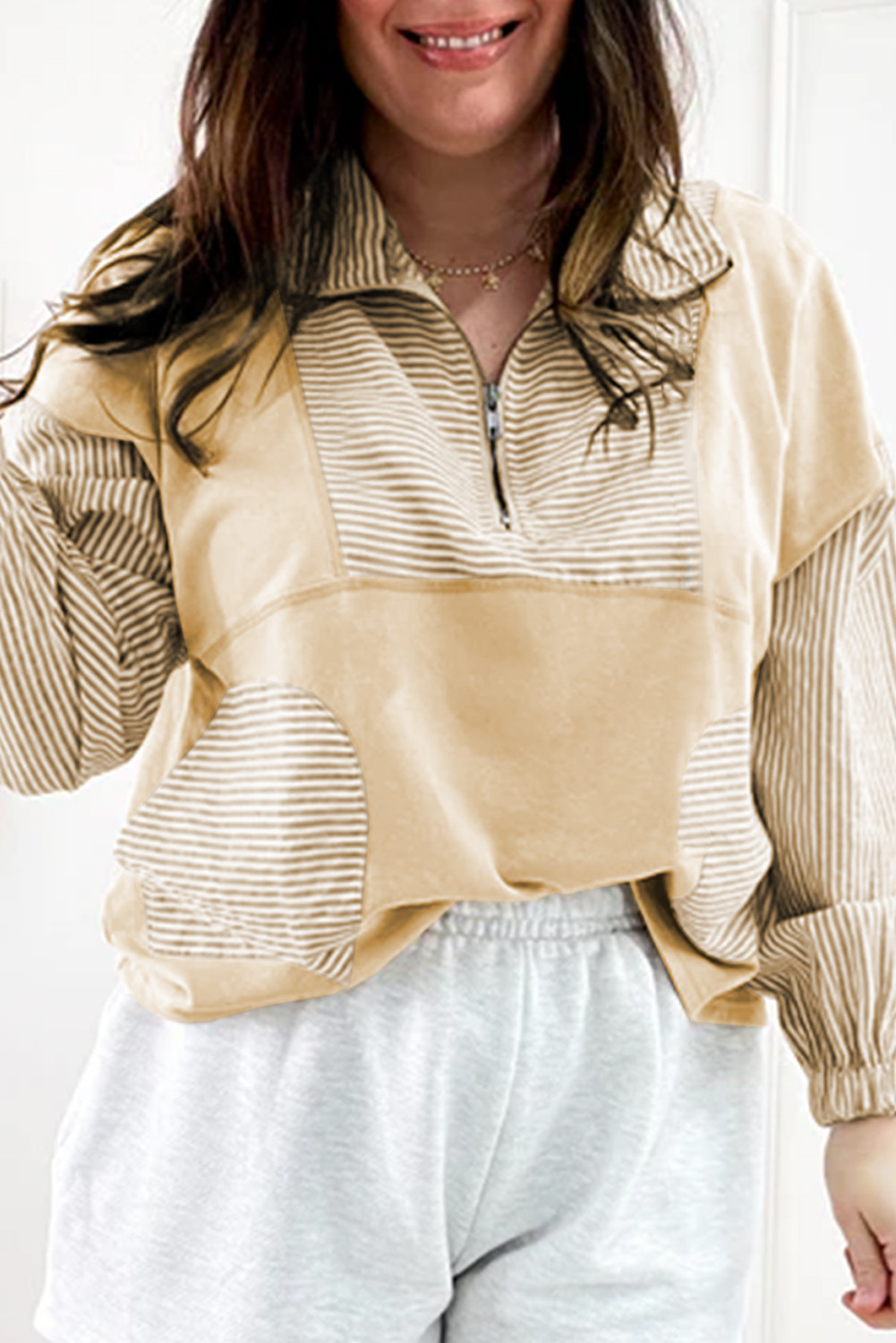 Khaki Stripe Patchwork Pocket Plus Size Long Sleeve Top