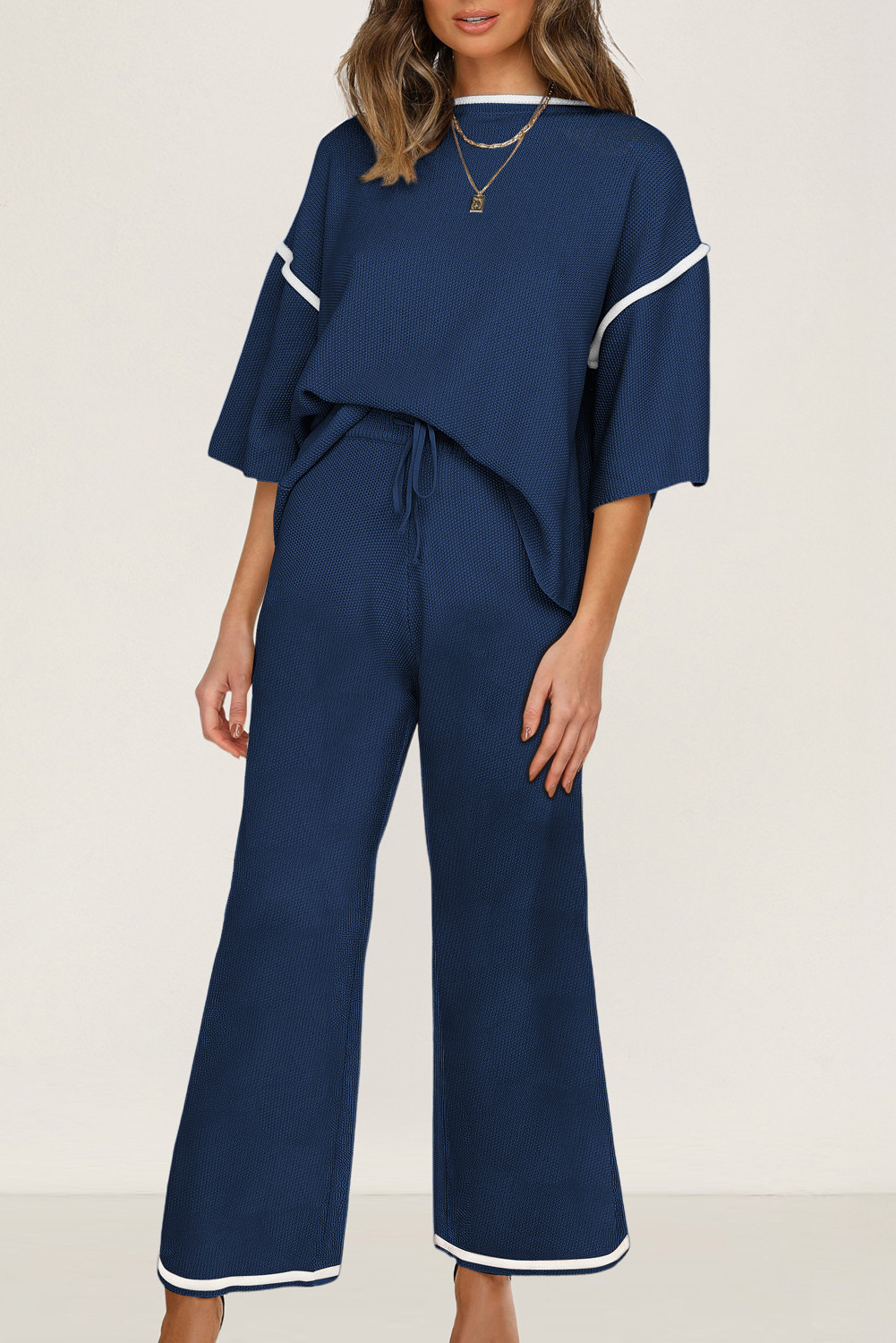 Navy Blue Loose Contrast Trim Half Sleeve Top and Drawstring Pants Set