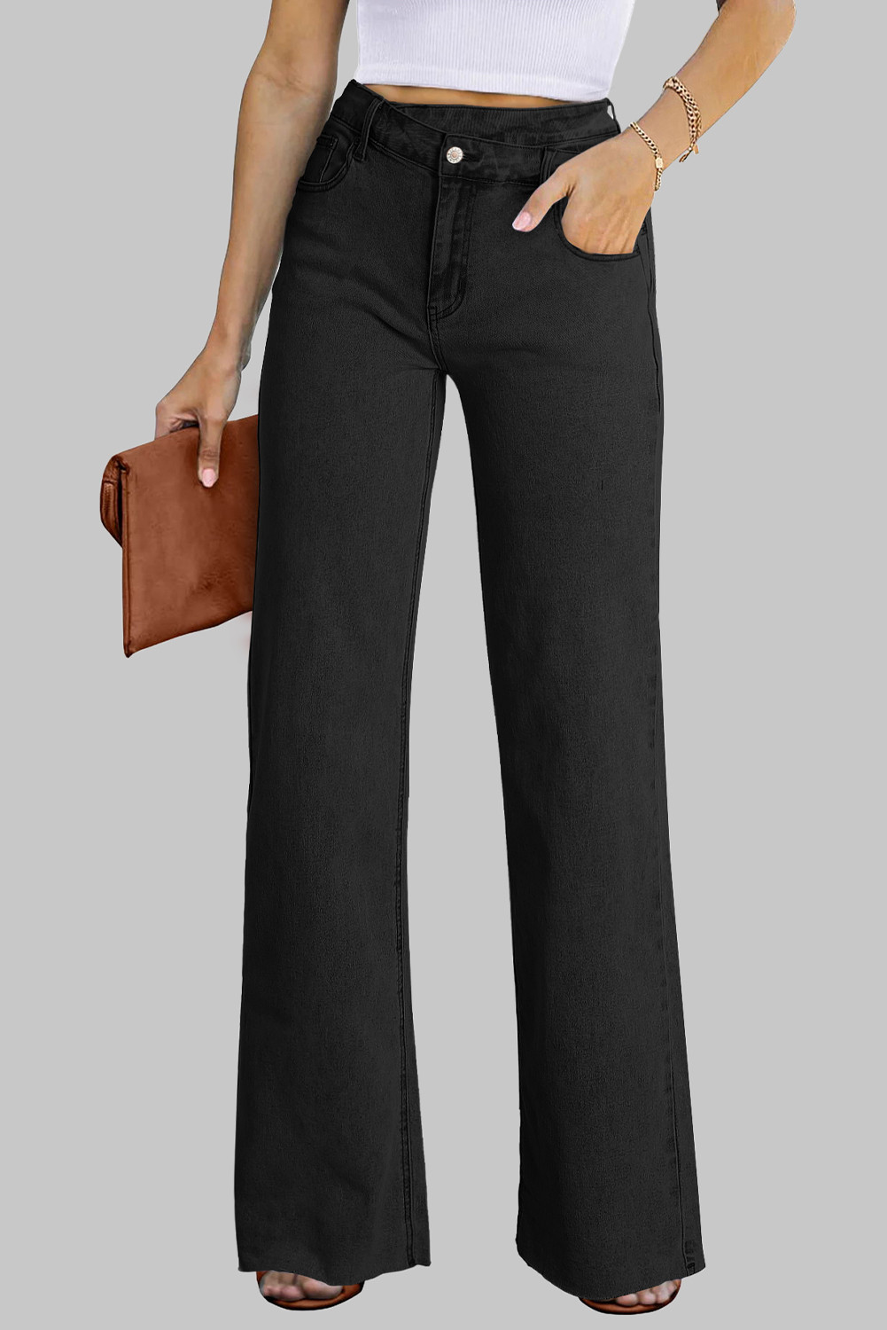 Black Mid Rise Asymmetrical Waist Wide Leg Jeans